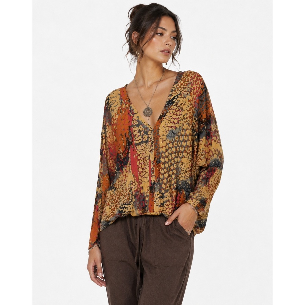 Animal Print V Neck Dolman Long Sleeve Top 12/14 Orange Multi Boho Artsy Lascana
